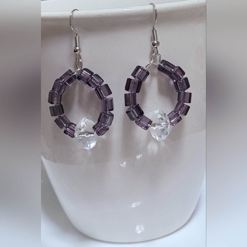 Elegant Purple and Clear Beaded Hoop Earrings